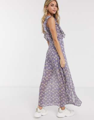 purple floral frill maxi dress