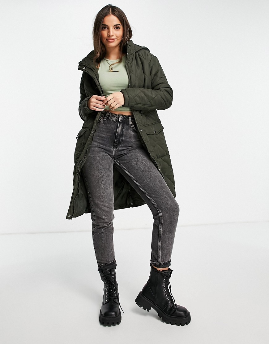 Brave Soul iriana maxi longline quilted jacket in khaki-Green