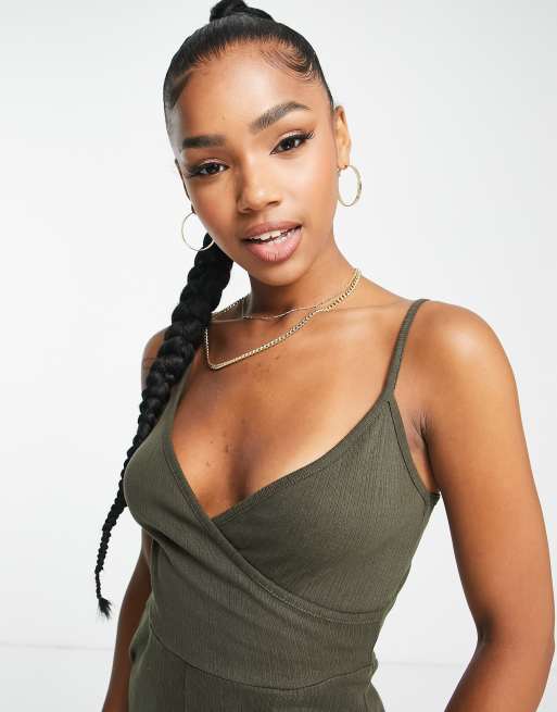 Brave Soul Iris wrap front cami culotte jumpsuit in khaki, 2 of 4