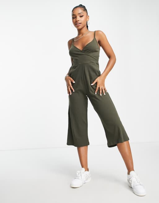 Brave Soul Iris wrap front cami culotte jumpsuit in khaki