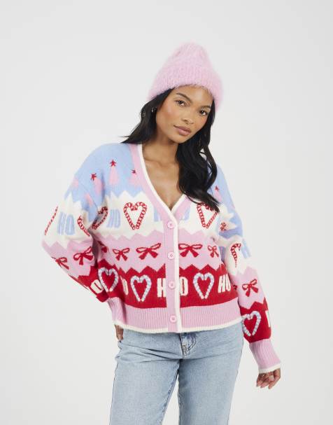 Brave Soul Jacquard knit v-neck christmas cardigan in blue - view 1