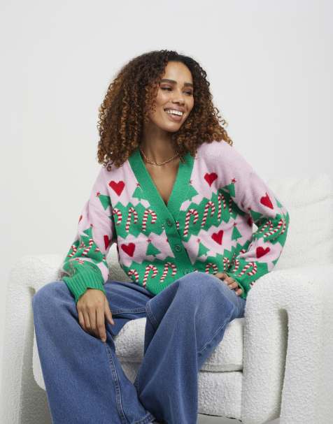Brave Soul Jacquard knit v-neck christmas cardigan in green - view 1