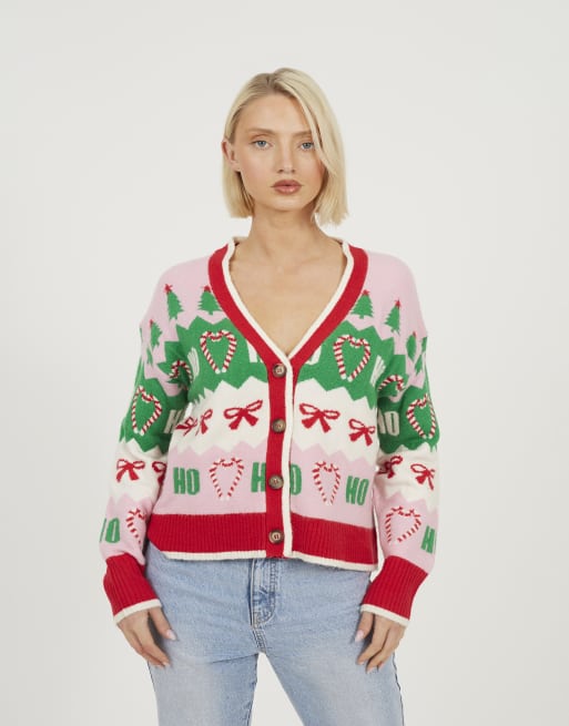 Brave Soul Jacquard knit v-neck christmas cardigan in green
