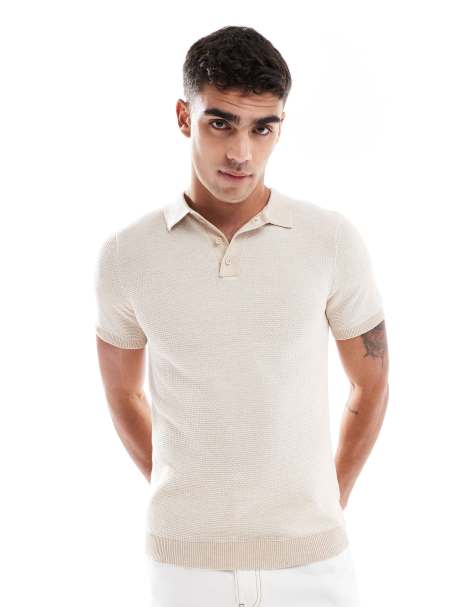 Brave Soul Jacquard polo shirt in beige - view 1