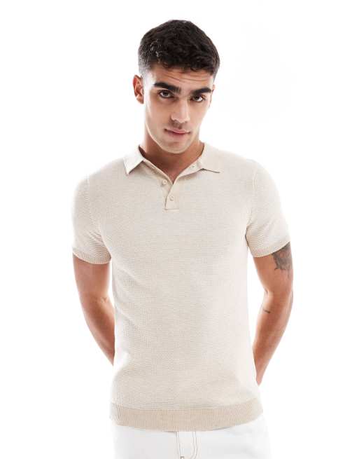 Brave Soul Jacquard polo shirt in beige