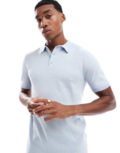 Brave Soul Jacquard polo shirt in light blue - view 1