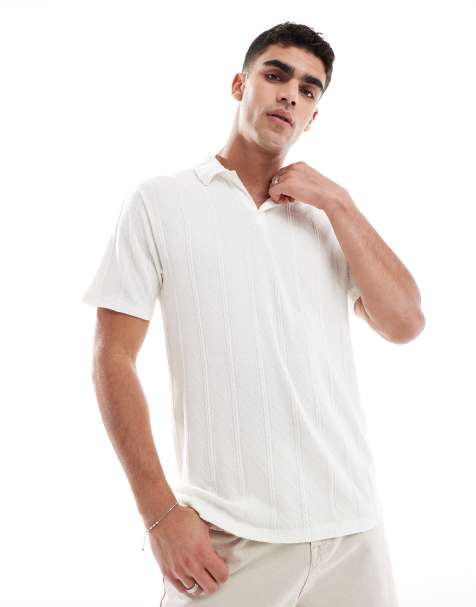Brave Soul Jacquard trophy neck polo shirt in off white
