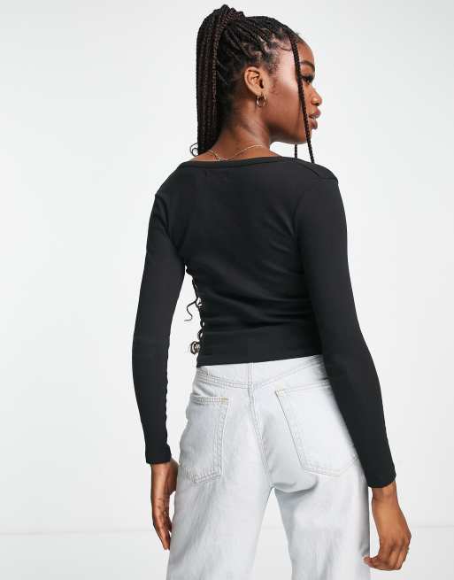 Brave Soul jane notch neck long sleeve top in black, 2 of 4