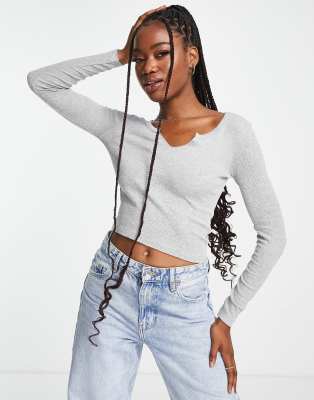 Brave Soul Brave Soul jane notch neck long sleeve top in grey