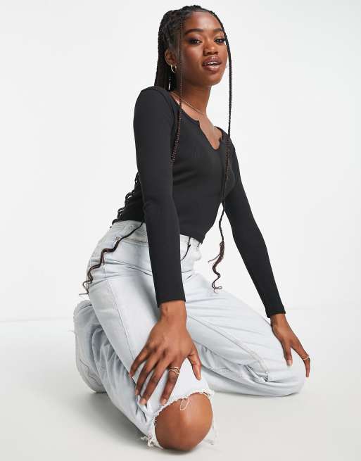 Brave Soul - Jane - Top a maniche lunghe nero con intaglio sullo scollo