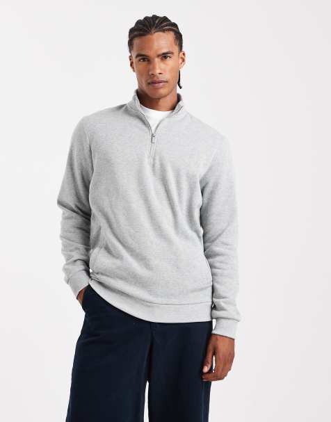 Brave Soul knitted quarter zip funnel neck jumper in light grey