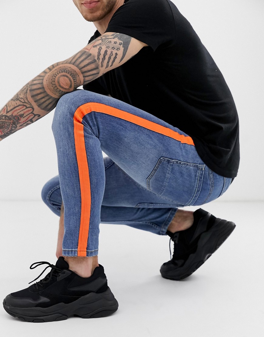 Brave Soul - Jeans skinny con fettucce arancione fluo-Blu