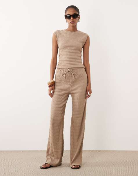 Brave Soul - Jersey broek met wijde pijpen en textuur in mokkabruin, deel van co-ord set - view 1