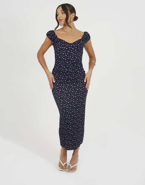 Brave Soul Jersey cap sleeve floral textured maxi dress in navy - view 1