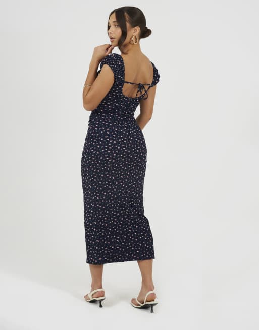 Brave Soul Jersey cap sleeve floral textured maxi dress in navy, 2 of 3