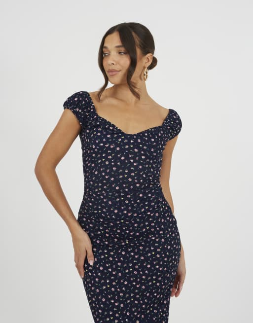 Brave Soul Jersey cap sleeve floral textured maxi dress in navy, 3 of 3