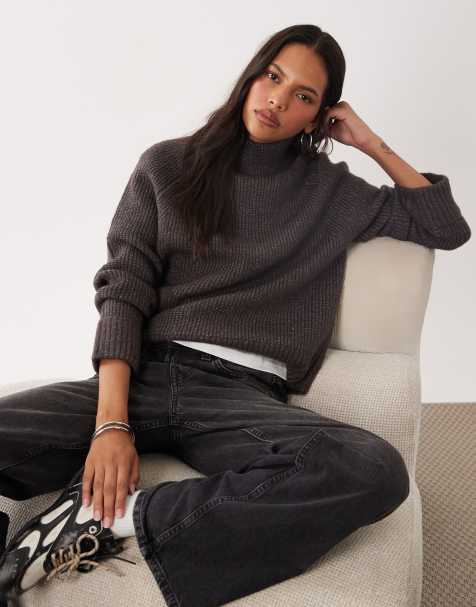Brave Soul - Jersey con cuello vuelto y mangas remangadas en gris carbón - view 1