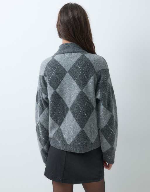 Brave Soul jersey de cuello vuelto con estampado argyle integral en gris carbón, 5 de 5