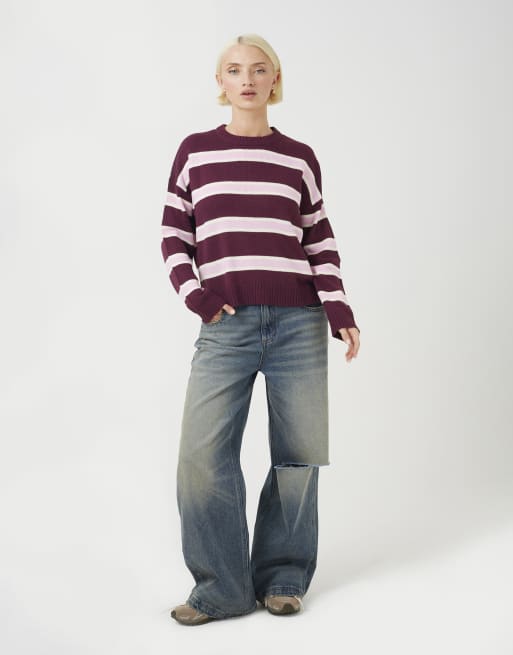 Brave Soul jersey de punto a rayas multicolor en burdeos, 3 de 4
