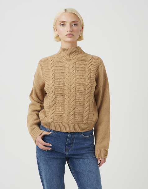 Brave Soul jersey de punto de ochos con cuello vuelto en camel - view 1