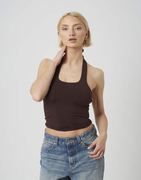 Brave Soul Jersey halter neck top in chocolate - view 1