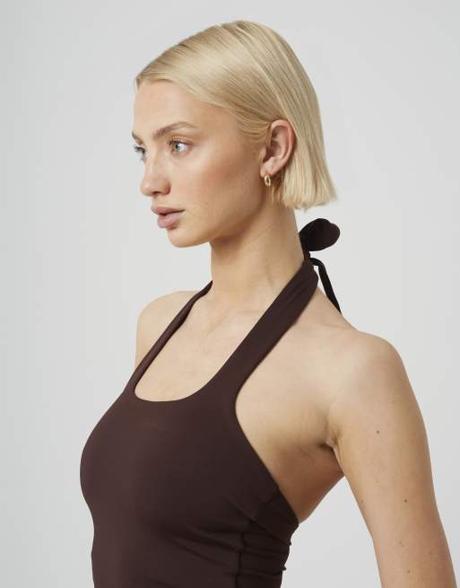 Brave Soul Jersey halter neck top in chocolate, 4 of 4