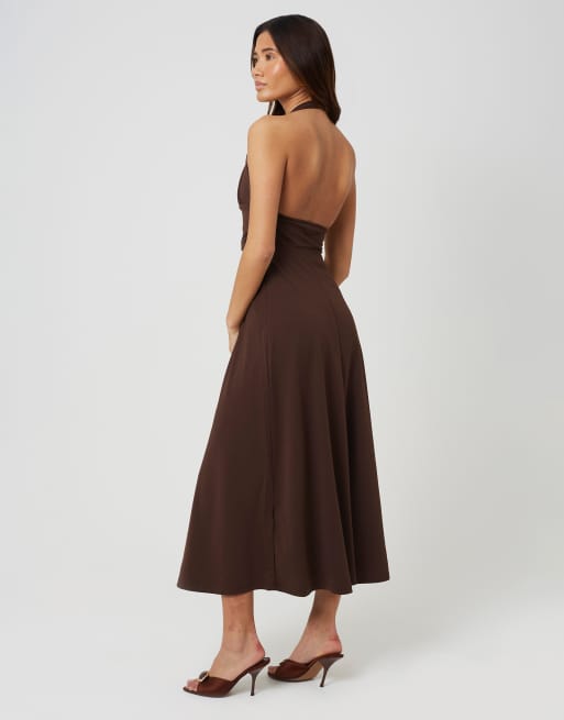 Brave Soul jersey halternek midi jurk in chocoladebruin, 2 van 3