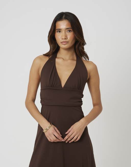 Brave Soul jersey halternek midi jurk in chocoladebruin, 3 van 3