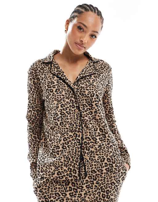 Brave Soul jersey long sleeve shirt and trouser pyjama set in leopard print, 2 of 4
