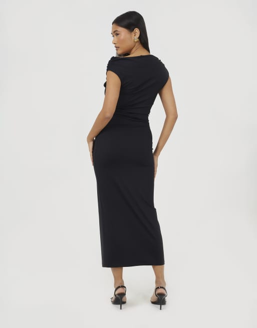 Brave Soul Jersey-Midikleid mit schulterfreiem Ausschnitt in Schwarz, 2 von 3