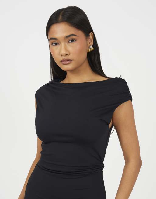 Brave Soul Jersey-Midikleid mit schulterfreiem Ausschnitt in Schwarz, 3 von 3
