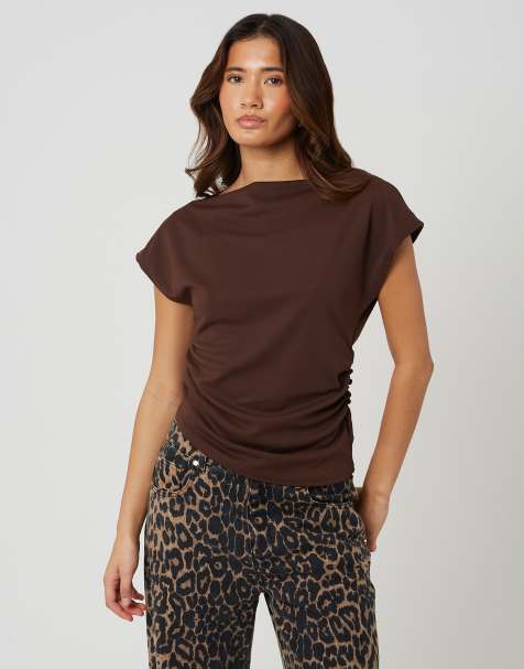 Brave Soul Jersey off the shoulder top with ruching detail in chocolate - view 1