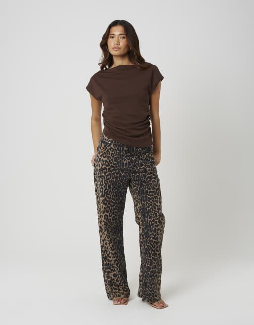 Brave Soul Jersey off the shoulder top with ruching detail in chocolate, 3 of 4