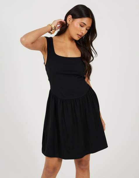 Brave Soul Jersey scoop neck flared skirt mini dress in black