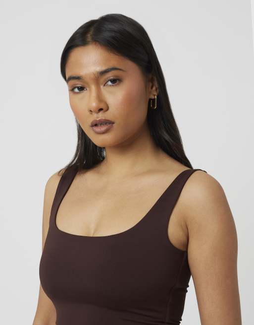 Brave Soul jersey top met vierkante hals in chocoladebruin, 4 van 4