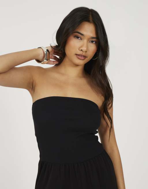 Brave Soul Jersey trägerloses, gestuftes Minikleid in Schwarz, 3 von 3
