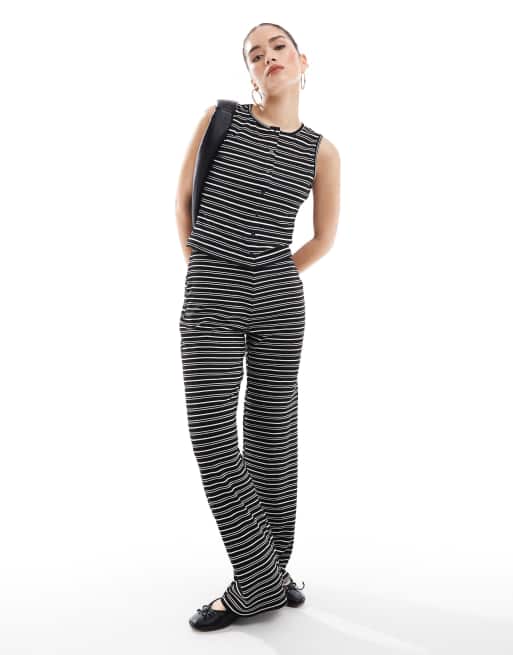 Brave Soul jersey trouser co-ord in black and white stripe