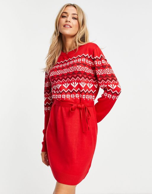 Brave Soul - Jule-sweaterkjole i fairisle-mønster med bindebånd