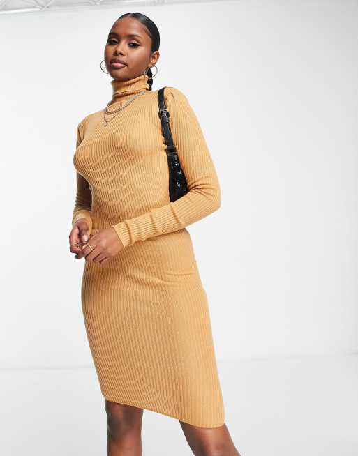 Brave Soul juliet high neck jumper dress in camel