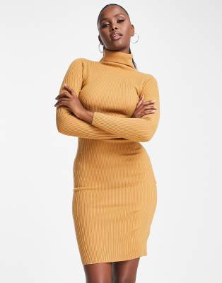 Brave Soul juliet high neck knit sweater dress in camel ASOS