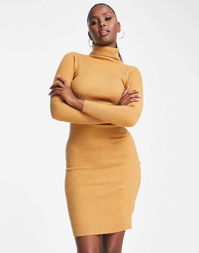 Brave Soul juliet high neck knit sweater dress in camel