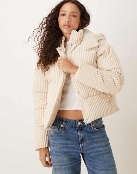 Brave Soul Jumbo cord hooded puffer jacket in cream