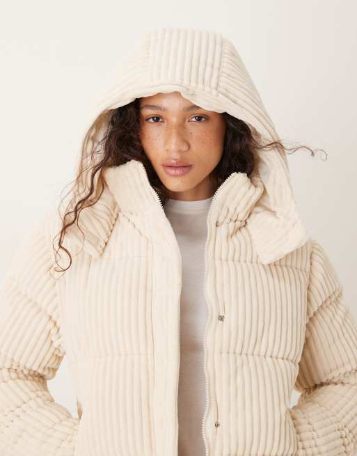 Brave Soul Jumbo cord hooded puffer jacket in cream ASOS