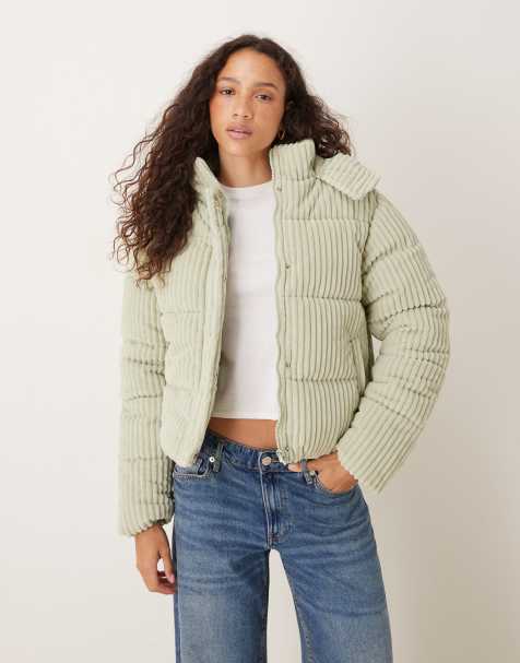 Brave Soul Jumbo cord hooded puffer jacket in pale green - view 1