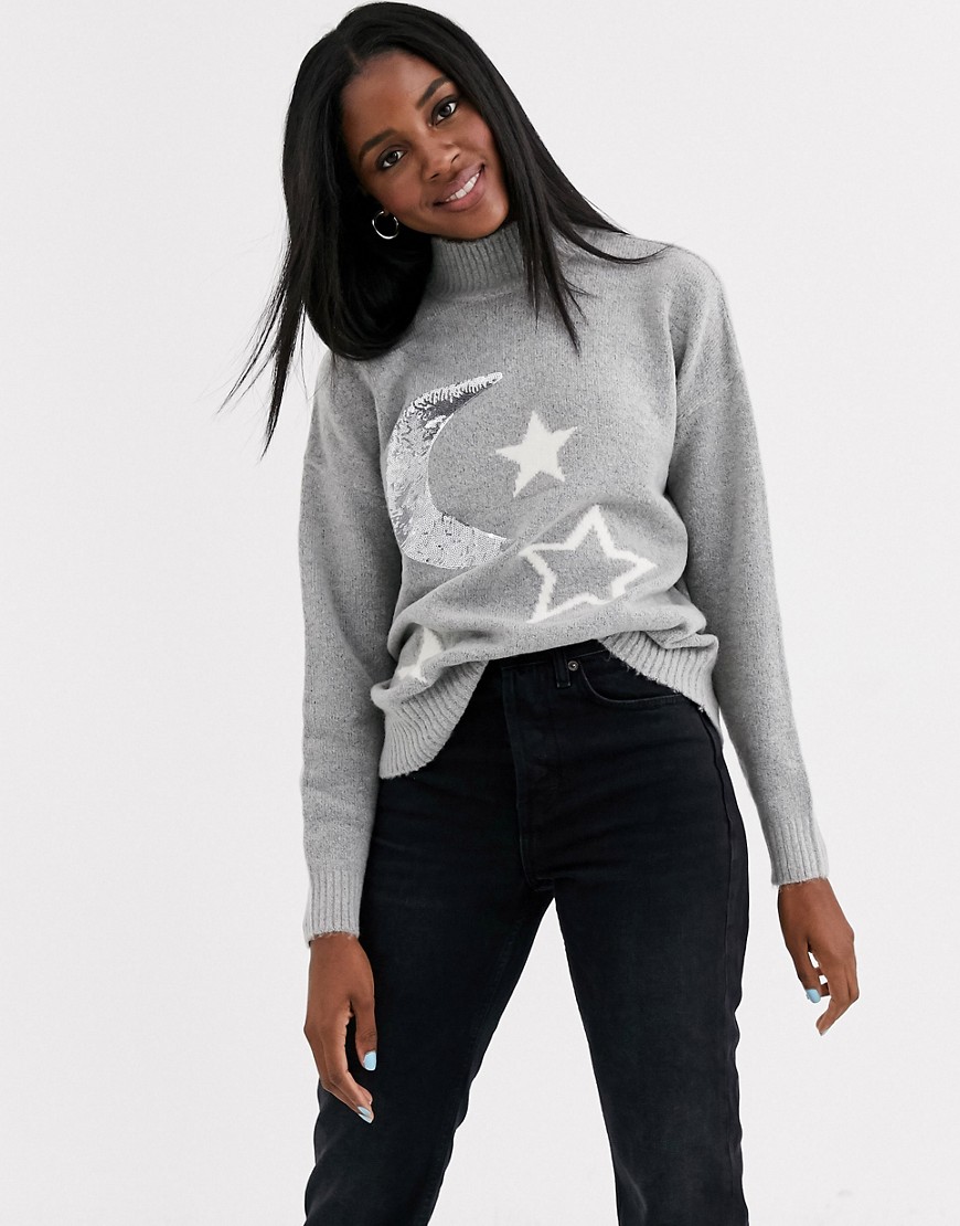 Brave Soul jumper with moon and star jacquard-Grey