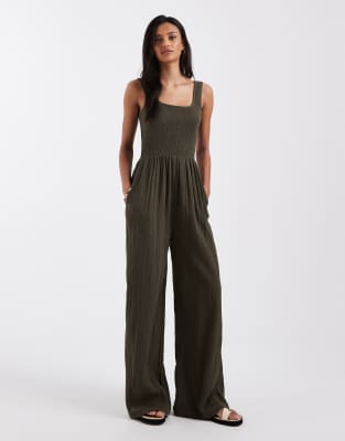Brave Soul - Jumpsuit in Khaki mit U-Ausschnitt-Grün