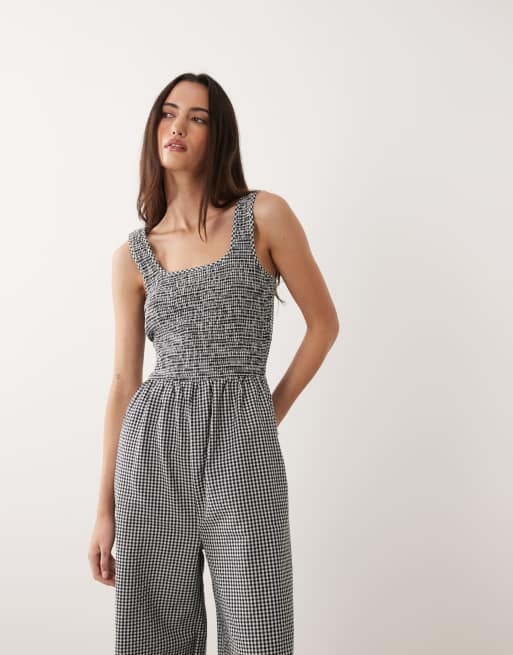 Brave Soul - Jumpsuit med dyb rund hals og sort/hvidt gingham-tern , 2 af 4