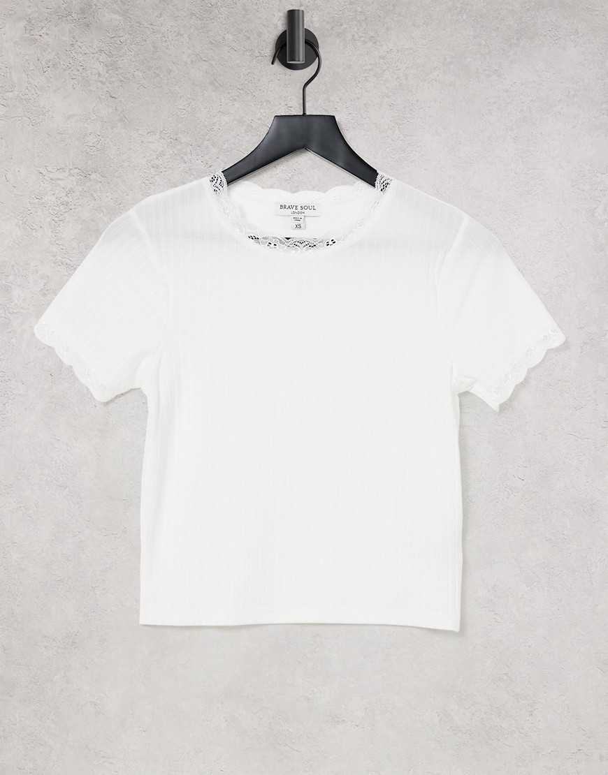 Brave Soul kaiko lace trim ribbed T-shirt-White