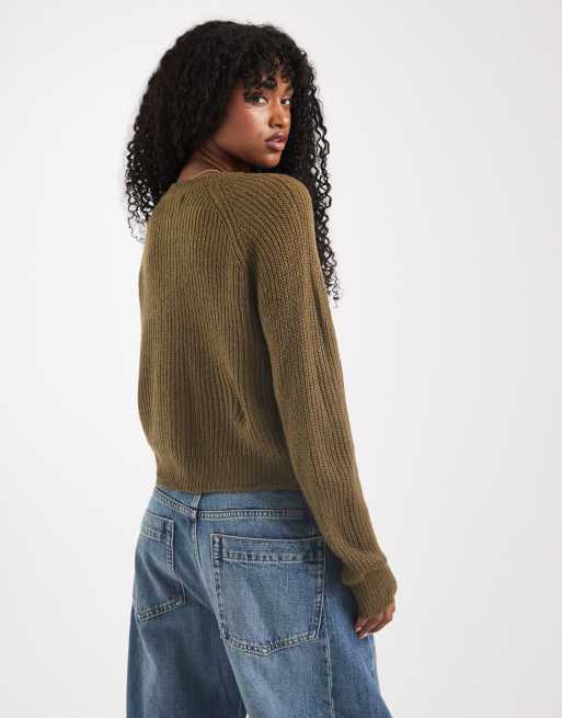 Brave Soul - Kakigrøn cardigan med kontrasterende knapper i chunky strik, 2 af 4