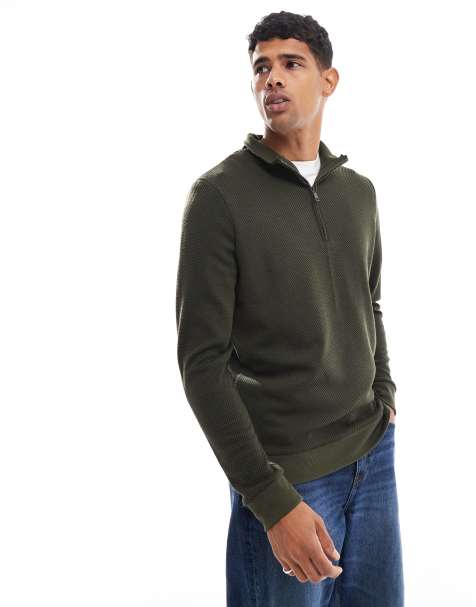 Brave Soul - Kakigrøn sweatshirt med tekstur og halv lynlås - view 1